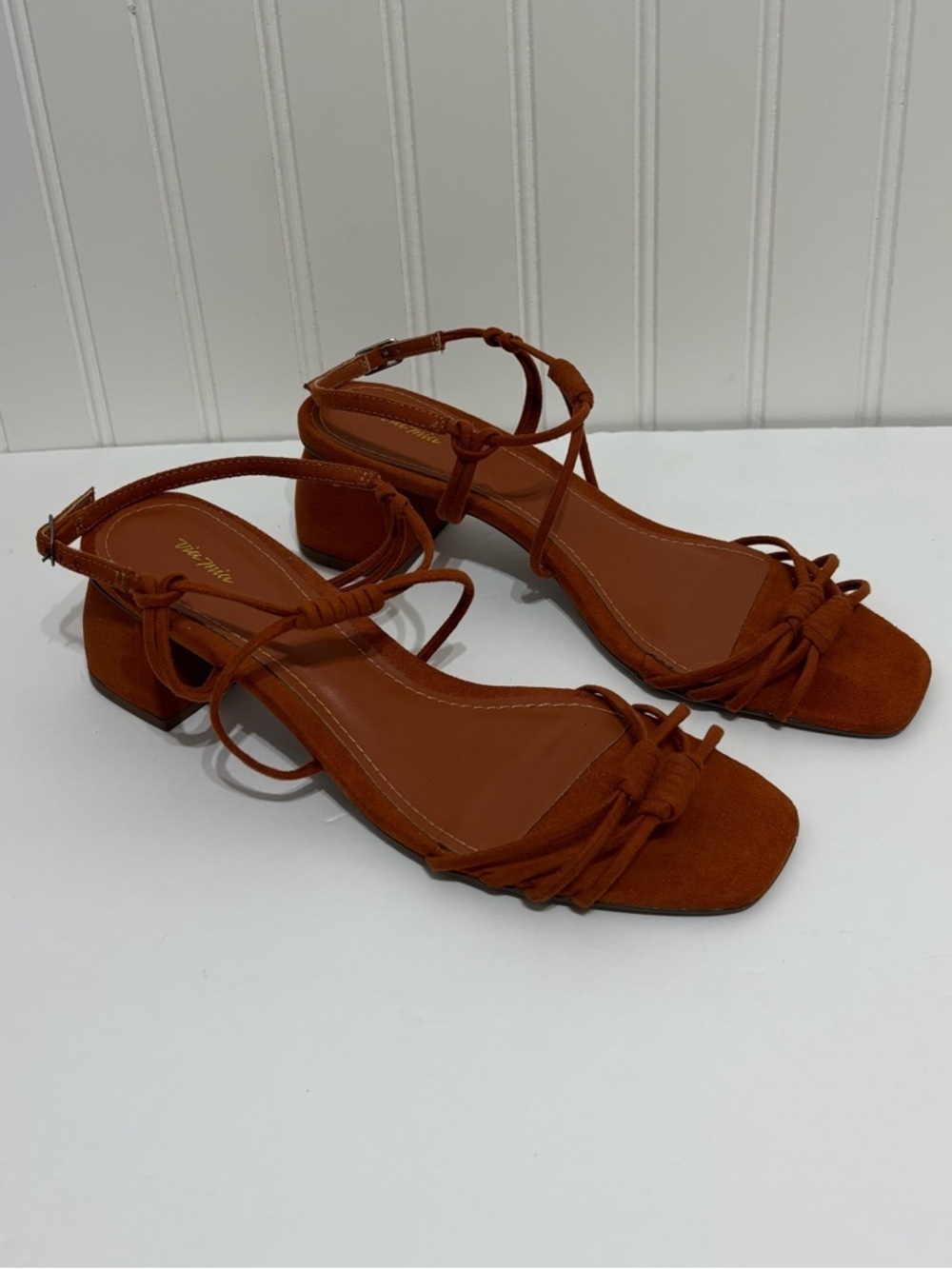 Via Mia Strappy Block Heel Suede Rust Brown Sandals Square Toe Ankle Strap 8.5 - Picture 12 of 14